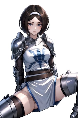 //Quality,
masterpiece, best quality
,//Character,
1girl, solo
,//Fashion, 
,//Background,
white_background
,//Others,
,spread legs, 
Remedios, short hair, hair band, brown hair, armor