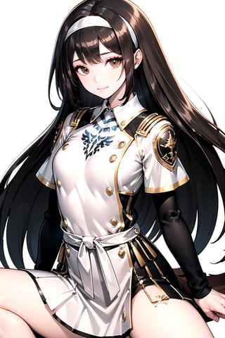 //Quality,
masterpiece, best quality
,//Character,
1girl, solo
,//Fashion, 
,//Background,
white_background
,//Others,
,spread legs, 
,Kelart, extremely long hair, brown hair, white hairband, brown eyes, medium chest, black sleeve, white outfit, black long skirt