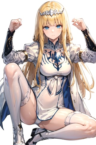 //Quality,
masterpiece, best quality
,//Character,
1girl, solo
,//Fashion, 
,//Background,
white_background
,//Others,
,spread legs, 
Calca, blonde hair, long hair, white tiara, white dress, blue eyes