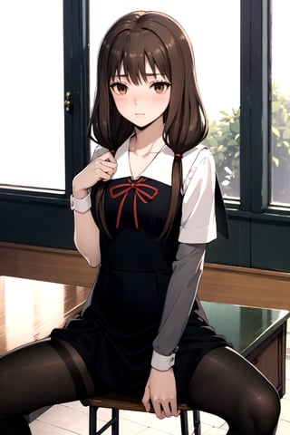 //Quality,
masterpiece, best quality
,//Character,
1girl, solo
,//Fashion, 
,//Background,
white_background
,//Others,
,spread legs, 
,brown hair, light blush, brown eyes, long hair, twintails,school uniform, black dress, red ribbon, black pantyhose