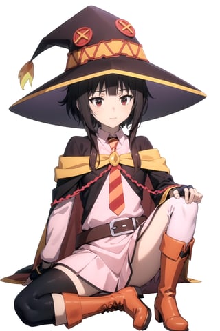 //Quality,
masterpiece, best quality
,//Character,
1girl, solo
,//Fashion, 
,//Background,
white_background
,//Others,
,spread legs, 
Megumin, hat, witch hat, boots, fingerless gloves, dress, belt, long sleeves, pink dress, black gloves, red necktie, pink skirt, shirt, black cape,