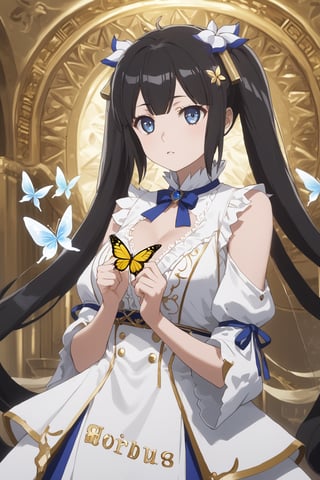 masterpiece, best quality, highres
,//Character, 
1girl,hestia, black hair, blue eyes,
twin tails/long hair, hair ornament
,//Fashion, 

,//Background, 
,//Others, ,Expressiveh, 
A mysterious girl with golden hair and eyes, holding an ornate golden butterfly in her palm, surrounded by floating text and numbers.