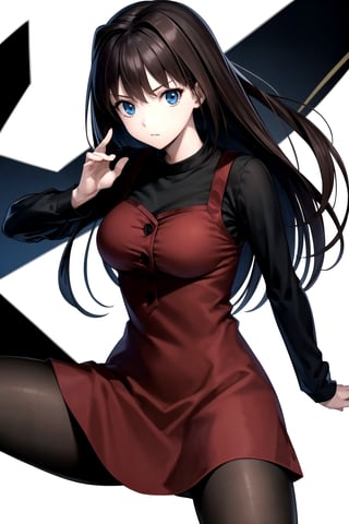 //Quality,
masterpiece, best quality
,//Character,
1girl, solo
,//Fashion, 
,//Background,
white_background
,//Others,
,spread legs, 
,aaaoko, long hair, brown hair, black shirt, red dress, long sleeves, black pantyhose