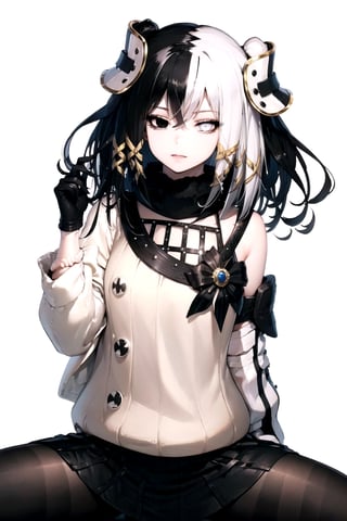//Quality,
masterpiece, best quality
,//Character,
1girl, solo
,//Fashion, 
,//Background,
white_background
,//Others,
,spread legs, 
,olantilene, hair ornament, heterochromia, sweater, skirt, black gloves