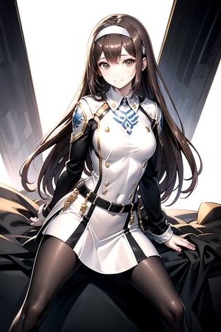 //Quality,
masterpiece, best quality
,//Character,
1girl, solo
,//Fashion, 
,//Background,
white_background
,//Others,
,spread legs, 
,Kelart, extremely long hair, brown hair, white hairband, brown eyes, medium chest, black sleeve, white outfit, black long skirt