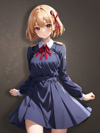 //Quality,
photo r3al, detailmaster2, masterpiece, photorealistic, 8k, 8k UHD, best quality, ultra realistic, ultra detailed, hyperdetailed photography, real photo
,//Character,
1girl, solo, nishikigi chisato, bob cut
,//Fashion,
hair ribbon, lycoris uniform, two-tone dress, red dress, grey dress, neck ribbon, long sleeves
,//Background,
,//Others,
,nishikigi chisato