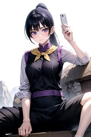 //Quality,
masterpiece, best quality
,//Character,
1girl, solo
,//Fashion, 
,//Background,
white_background
,//Others,
,spread legs, 
,FighterGS, 1girl, solo, long hair, black hair, purple eyes, ponytail, shirt, black pants