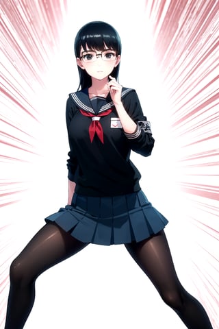 //Quality,
masterpiece, best quality
,//Character,
1girl, solo
,//Fashion, 
,//Background,
white_background
,//Others,
,spread legs, 
,kyouko kuroyuri, long hair, black hair, (black eyes:1.5), glasses, skirt, school uniform, pantyhose, pleated skirt, serafuku, armband, (black shirt:1.2)