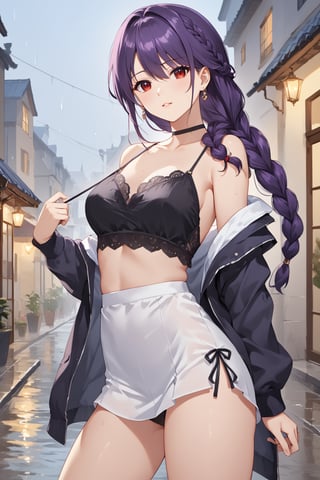 score_9,score_8_up,score_7_up,score_6_up, masterpiece, best quality, highres
,//Character, 
1girl, solo, long hair, purple hair, single braid, red eyes
,//Fashion, 

,//Background, 
,//Others, ,Expressiveh, 
A girl in summer clothes caught in unexpected rain, her clothes clinging slightly.