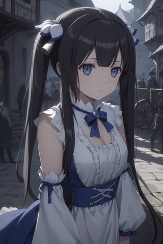 score_9,score_8_up,score_7_up,score_6_up, masterpiece, best quality, highres
,//Character, 
1girl, solo,hestia, black hair, blue eyes,
twin tails/long hair, hair ornament
,//Fashion, 

,//Background, 
,//Others, ,Expressiveh, 
A young woman in a medieval village, looking worried, surrounded by concerned villagers, dark shadows lurking in the background, ominous atmosphere