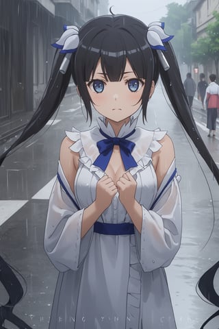 masterpiece, best quality, highres
,//Character, 
1girl,hestia, black hair, blue eyes,
twin tails/long hair, hair ornament
,//Fashion, 

,//Background, 
,//Others, ,Expressiveh, 
A girl in summer clothes caught in unexpected rain, her clothes clinging slightly.