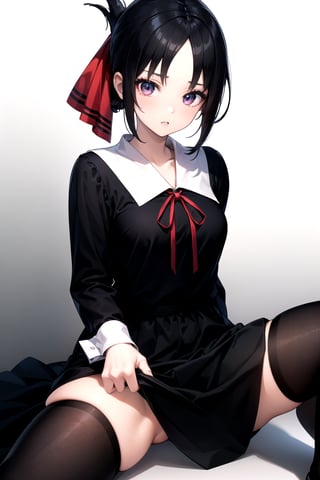 //Quality,
masterpiece, best quality
,//Character,
1girl, solo
,//Fashion, 
,//Background,
white_background
,//Others,
,spread legs, 
,shinomiya_kaguya,((black dark gradient hair:1.5)), gradient eyes, mascara, parted lips, parted bangs, ribbon, red ribbon, hair ribbon, folded ponytail, dress, black dress, school uniform, long sleeves, neck ribbon