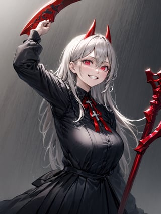 //Quality,
photo r3al, detailmaster2, masterpiece, photorealistic, 8k, 8k UHD, best quality, ultra realistic, ultra detailed, hyperdetailed photography, real photo
,//Character,
1girl, solo
,//Fashion,
,//Background,
,//Others,
,powerdef, sharp teeth, grin, holding scythe, red scythe, cross-shaped pupils