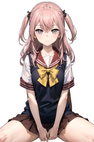 //Quality,
masterpiece, best quality
,//Character,
1girl, solo
,//Fashion, 
,//Background,
white_background
,//Others,
,spread legs, 
,inui sajuna juju,pink hair, pink eyes, long hair, two side up,school uniform, sweater vest, black vest, red sailor collar, red skirt, yellow bow