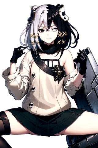 //Quality,
masterpiece, best quality
,//Character,
1girl, solo
,//Fashion, 
,//Background,
white_background
,//Others,
,spread legs, 
,olantilene, hair ornament, heterochromia, sweater, skirt, black gloves