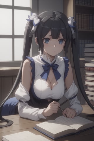 score_9,score_8_up,score_7_up,score_6_up, masterpiece, best quality, highres
,//Character, 
1girl, solo,hestia, black hair, blue eyes,
twin tails/long hair, hair ornament
,//Fashion, 

,//Background, 
,//Others, ,Expressiveh, 
Woman researcher in a dimly lit laboratory, examining a strange black substance in a jar, books and magical instruments scattered around