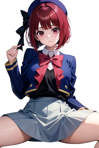 //Quality,
masterpiece, best quality
,//Character,
1girl, solo
,//Fashion, 
,//Background,
white_background
,//Others,
,spread legs, 
,aakana, short hair, beret, red eyes, blue headwear, red bowtie, collared shirt, blue jacket, open jacket, long sleeves, grey skirt