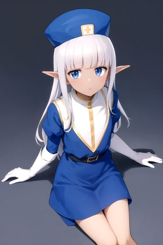 masterpiece, best quality
,//Character,
1girl, solo
,//Fashion, 
,//Background,
white_background, simple_background, blank_background
,//Others,
,Karla (kono healer mendokusai), white_hair, dark skin, dark-skinned female, blue headwear, leather_belt, blue_pants, tunic, blue_tunic, stole, blue_sleeves, white_gloves, blue_eyes, elf_ears, straight_hair, hime_cut, and blunt_bangs