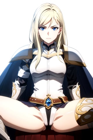 //Quality,
masterpiece, best quality
,//Character,
1girl, solo
,//Fashion, 
,//Background,
white_background
,//Others,
,spread legs, 
female knight, long hair, blue eyes, blonde hair, cape, armor, shoulder armor, gauntlets, pauldrons, breastplate, knight