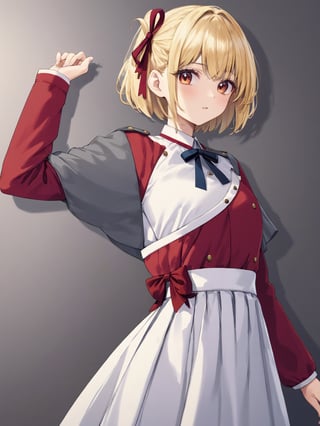 //Quality,
photo r3al, detailmaster2, masterpiece, photorealistic, 8k, 8k UHD, best quality, ultra realistic, ultra detailed, hyperdetailed photography, real photo
,//Character,
1girl, solo, nishikigi chisato, bob cut
,//Fashion,
hair ribbon, lycoris uniform, two-tone dress, red dress, grey dress, neck ribbon, long sleeves
,//Background,
,//Others,
,nishikigi chisato