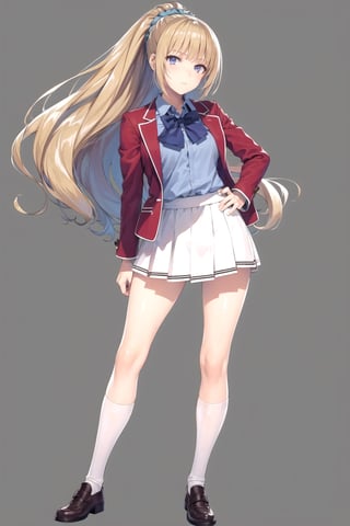 //Quality,
masterpiece, best quality
,//Character,
1girl, solo
,//Fashion,
,//Background,
white_background, simple_background
,//Others,
,KeiKaruizawa, hair scrunchie, school uniform, blue shirt, bowtie, white skirt, red jacket, open jacket, full_body