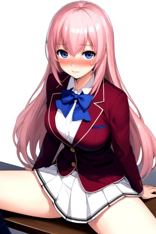 //Quality,
masterpiece, best quality
,//Character,
1girl, solo
,//Fashion, 
,//Background,
white_background
,//Others,
,spread legs, 
,aahonami, long hair, pink hair, school uniform, blue bowtie, blazer, red jacket, long sleeves, pleated skirt, white skirt, blushing