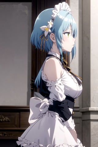 //Quality,
masterpiece, best quality
,//Character,
1girl, solo
,//Fashion,
,//Background,
white_background, simple_background, blank_background
,//Others,
,villhaze, blue hair, short hair, bangs, green eyes , hair between eyes, hair ornament, maid headdress, hair flower, sidelocks, medium breasts, white shirt, frilled shirt, neck ribbon, bare shoulders, detached sleeves, puffy sleeves, long sleeves, black sleeves, maid, waist apron, black skirt, from_side