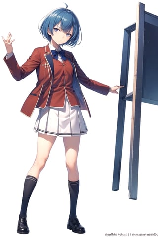 //Quality,
masterpiece, best quality
,//Character,
1girl, solo
,//Fashion,
,//Background,
white_background, simple_background
,//Others,
,1girl ibuki mio short hair blue hair,white skirt red jacket open jacket, full_body