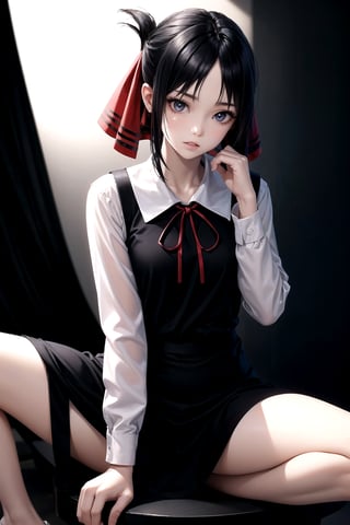 //Quality,
masterpiece, best quality
,//Character,
1girl, solo
,//Fashion, 
,//Background,
white_background
,//Others,
,spread legs, 
,shinomiya_kaguya,((black dark gradient hair:1.5)), gradient eyes, mascara, parted lips, parted bangs, ribbon, red ribbon, hair ribbon, folded ponytail, dress, black dress, school uniform, long sleeves, neck ribbon