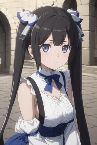 score_9,score_8_up,score_7_up,score_6_up, masterpiece, best quality, highres
,//Character, 
1girl, solo,hestia, black hair, blue eyes,
twin tails/long hair, hair ornament
,//Fashion, 

,//Background, 
,//Others, ,Expressiveh, 
A young woman in a medieval village, looking worried, surrounded by concerned villagers, dark shadows lurking in the background, ominous atmosphere