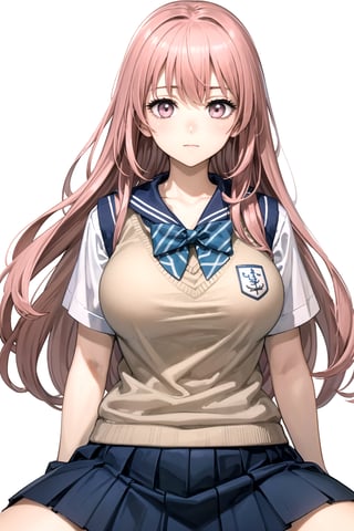 //Quality,
masterpiece, best quality
,//Character,
1girl, solo
,//Fashion, 
,//Background,
white_background
,//Others,
,spread legs, 
,inui shinju lj,pink hair, pink eyes, long hair, big breasts, upper body,school uniform, sailor collar, sweater vest, blue skirt, green bow