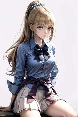 //Quality,
masterpiece, best quality
,//Character,
1girl, solo
,//Fashion, 
,//Background,
white_background
,//Others,
,spread legs, 
,aakei, long hair, blonde hair, ponytail, hair scrunchie, blue bowtie, collared shirt, blue shirt, sleeves rolled up, clothes around waist, pleated skirt, white skirt