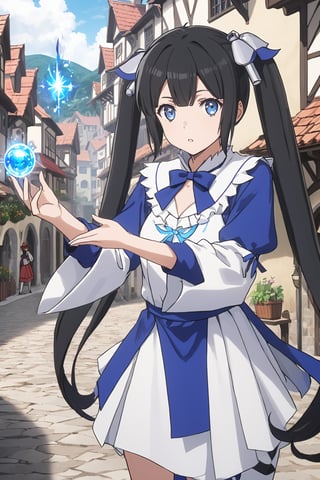 score_9,score_8_up,score_7_up,score_6_up, masterpiece, best quality, highres
,//Character, 
1girl,hestia, black hair, blue eyes,
twin tails/long hair, hair ornament
,//Fashion, 

,//Background, 
,//Others, ,Expressiveh,LOLA_SO6, 
Female mage casting a barrier spell around a small town, magical energy flowing from her hands, townspeople watching in awe