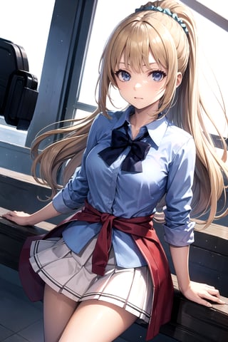 //Quality,
masterpiece, best quality
,//Character,
1girl, solo
,//Fashion, 
,//Background,
white_background
,//Others,
,spread legs, 
,aakei, long hair, blonde hair, ponytail, hair scrunchie, blue bowtie, collared shirt, blue shirt, sleeves rolled up, clothes around waist, pleated skirt, white skirt