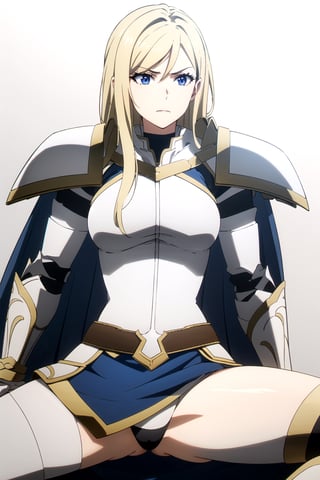 //Quality,
masterpiece, best quality
,//Character,
1girl, solo
,//Fashion, 
,//Background,
white_background
,//Others,
,spread legs, 
female knight, long hair, blue eyes, blonde hair, cape, armor, shoulder armor, gauntlets, pauldrons, breastplate, knight