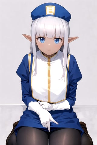 masterpiece, best quality
,//Character,
1girl, solo
,//Fashion, 
,//Background,
white_background, simple_background, blank_background
,//Others,
,Karla (kono healer mendokusai), white_hair, dark skin, dark-skinned female, blue headwear, leather_belt, blue_pants, tunic, blue_tunic, stole, blue_sleeves, white_gloves, blue_eyes, elf_ears, straight_hair, hime_cut, and blunt_bangs