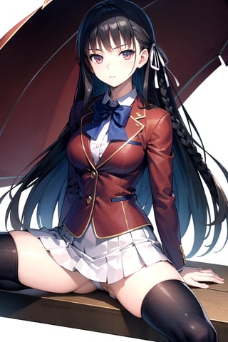 //Quality,
masterpiece, best quality
,//Character,
1girl, solo
,//Fashion, 
,//Background,
white_background
,//Others,
,spread legs, 
,aasuzune, long hair, black hair, single braid, hair ribbon, red jacket, blazer, blue bowtie, long sleeves, white skirt, black thighhighs