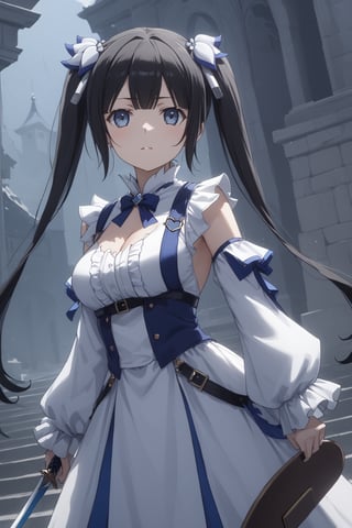 score_9,score_8_up,score_7_up,score_6_up, masterpiece, best quality, highres
,//Character, 
1girl, solo,hestia, black hair, blue eyes,
twin tails/long hair, hair ornament
,//Fashion, 

,//Background, 
,//Others, ,Expressiveh, 
Female warrior standing guard at village entrance, holding a sword, wary expression, mist in the air, eerie black substance in the distance