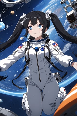 masterpiece, best quality, highres
,//Character, 
1girl,hestia, black hair, blue eyes,
twin tails/long hair, hair ornament
,//Fashion, 

,//Background, 
,//Others, ,Expressiveh, 
A female astronaut floating in zero gravity, adjusting scientific equipment