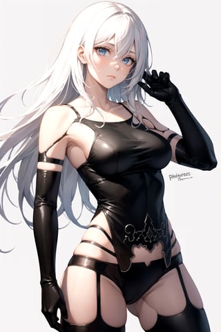 //Quality,
masterpiece, best quality
,//Character,
1girl, solo
,//Fashion,
,//Background,
white_background, simple_background, blank_background
,//Others,
,phSaber, ,a2_nierautomata, gloves, black gloves, elbow gloves, mole, tank top, hair between eyes, white hair, cowboy_shot