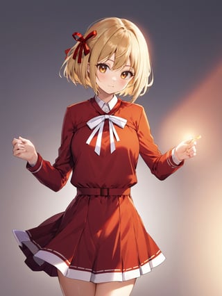 //Quality,
masterpiece, top quality, best quality, highres, extremely detailed CG, 8k:1.2),
(Illustration, focus, perfect lighting, :1.0), (official art, beautiful and aesthetic:1.0)
,//Character,
1girl, solo, nishikigi chisato, bob cut
,//Fashion,
hair ribbon, lycoris uniform, two-tone dress, red dress, grey dress, neck ribbon, long sleeves
,//Background,
,//Others,
,nishikigi chisato