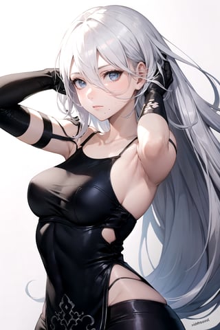 //Quality,
masterpiece, best quality
,//Character,
1girl, solo
,//Fashion,
,//Background,
white_background, simple_background, blank_background
,//Others,
,phSaber, ,a2_nierautomata, gloves, black gloves, elbow gloves, mole, tank top, hair between eyes, white hair, full_body