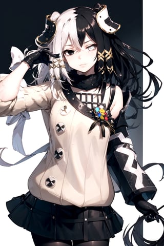 //Quality,
masterpiece, best quality
,//Character,
1girl, solo
,//Fashion,
,//Background,
white_background
,//Others,
,olantilene, hair ornament, heterochromia, sweater, skirt, black gloves