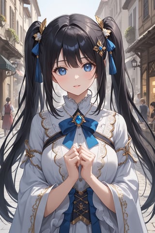 score_9,score_8_up,score_7_up,score_6_up, masterpiece, best quality, highres
,//Character, 
1girl,hestia, black hair, blue eyes,
twin tails/long hair, hair ornament
,//Fashion, 

,//Background, 
,//Others, ,Expressiveh, 
Female mage casting a barrier spell around a small town, magical energy flowing from her hands, townspeople watching in awe