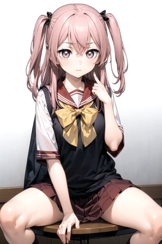 //Quality,
masterpiece, best quality
,//Character,
1girl, solo
,//Fashion, 
,//Background,
white_background
,//Others,
,spread legs, 
,inui sajuna juju,pink hair, pink eyes, long hair, two side up,school uniform, sweater vest, black vest, red sailor collar, red skirt, yellow bow