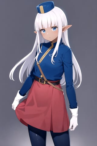 masterpiece, best quality
,//Character,
1girl, solo
,//Fashion, 
,//Background,
white_background, simple_background, blank_background
,//Others,
,Karla (kono healer mendokusai), white_hair, dark skin, dark-skinned female, blue headwear, leather_belt, blue_pants, tunic, blue_tunic, stole, blue_sleeves, white_gloves, blue_eyes, elf_ears, straight_hair, hime_cut, and blunt_bangs