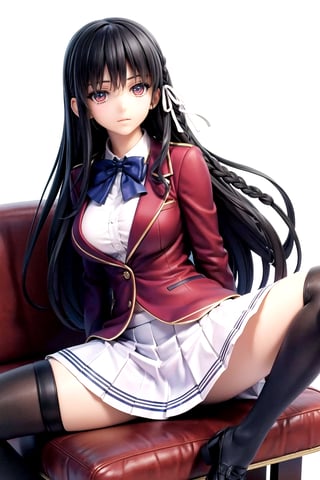 //Quality,
masterpiece, best quality
,//Character,
1girl, solo
,//Fashion, 
,//Background,
white_background
,//Others,
,spread legs, 
,aasuzune, long hair, black hair, single braid, hair ribbon, red jacket, blazer, blue bowtie, long sleeves, white skirt, black thighhighs