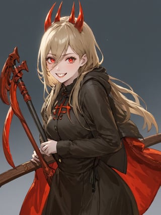 //Quality,
photo r3al, detailmaster2, masterpiece, photorealistic, 8k, 8k UHD, best quality, ultra realistic, ultra detailed, hyperdetailed photography, real photo
,//Character,
1girl, solo
,//Fashion,
,//Background,
,//Others,
sharp teeth, grin, holding scythe, red scythe, cross-shaped pupils