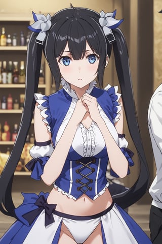 masterpiece, best quality, highres
,//Character, 
1girl,hestia, black hair, blue eyes,
twin tails/long hair, hair ornament
,//Fashion, 

,//Background, 
,//Others, ,Expressiveh, 
A cosplayer adjusting her elaborate costume, unaware of a minor wardrobe malfunction.