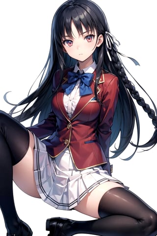 //Quality,
masterpiece, best quality
,//Character,
1girl, solo
,//Fashion, 
,//Background,
white_background
,//Others,
,spread legs, 
,aasuzune, long hair, black hair, single braid, hair ribbon, red jacket, blazer, blue bowtie, long sleeves, white skirt, black thighhighs